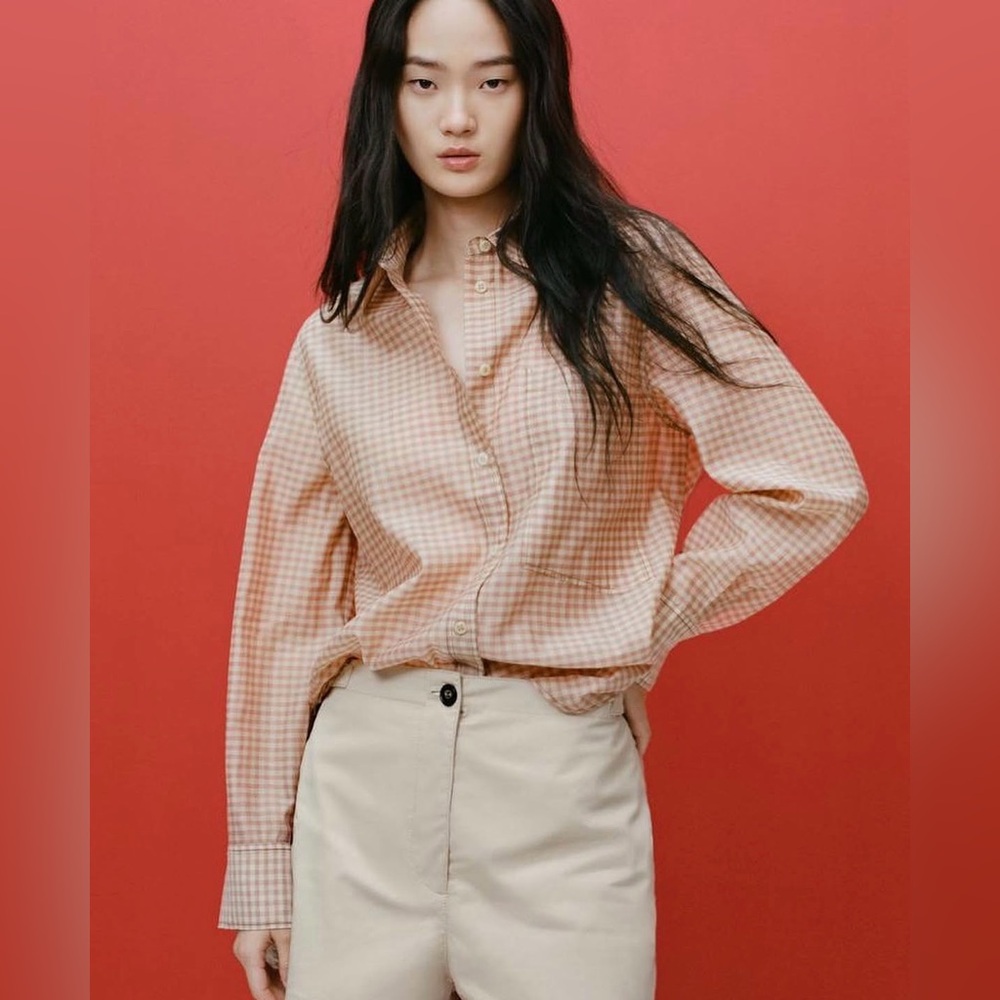 Zara Peach Gingham Button-Down Shirt